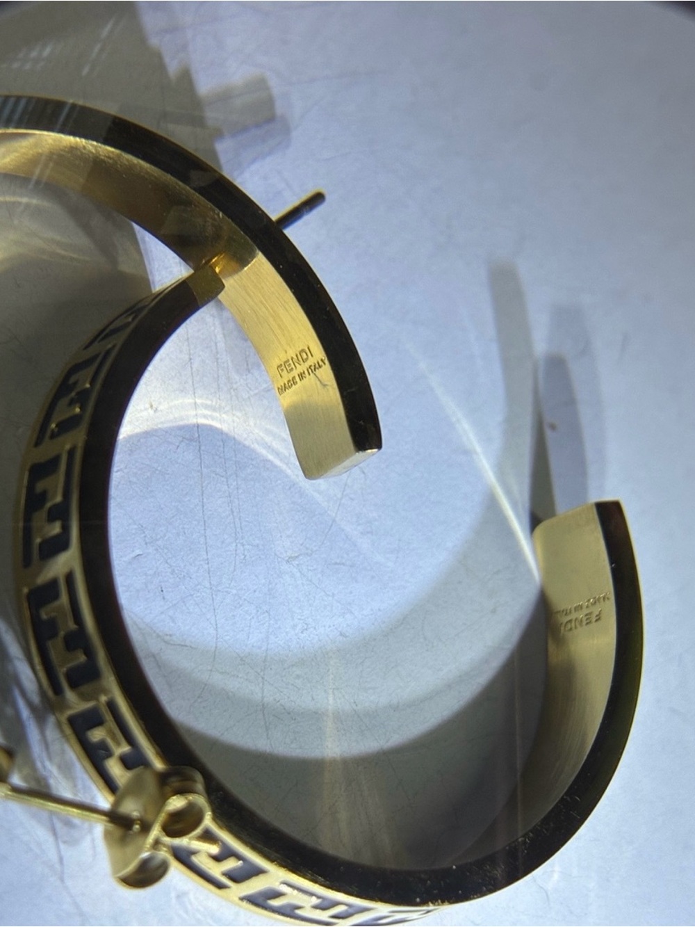 18K Gold and Black Fendi FF Pattern Hoop Earrings - Picture 4 of 7